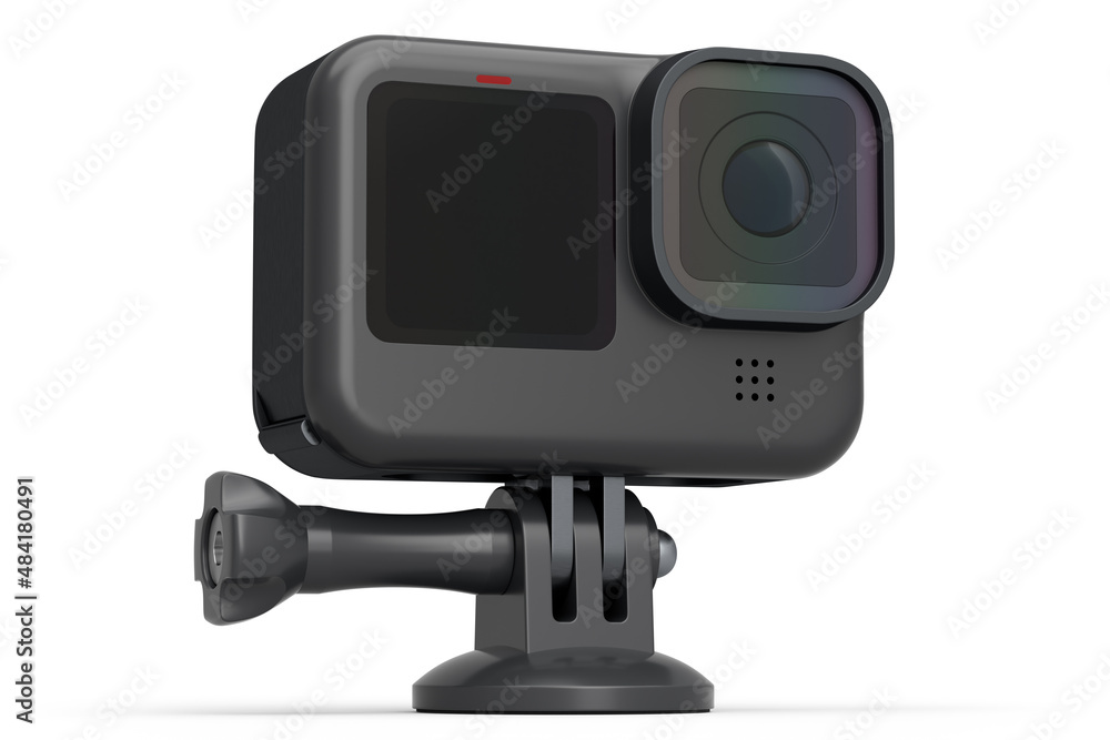 Photo and video lightweight black action camera with display on white