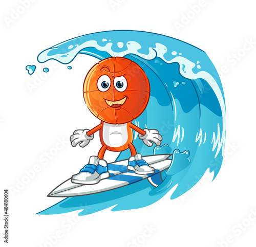 basketball head cartoon surfing character. cartoon mascot vector