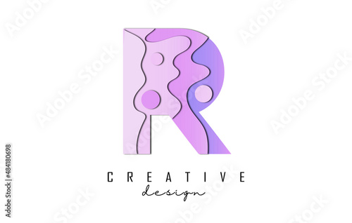 Letter R Logo with pop art and paper cut effectt. Geometric vector illustration.