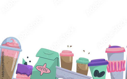 Seamless coffee bottom frame. Colorful horizontal banner of takeout coffee, brownie, paper bag. Vector illustration on transparent background