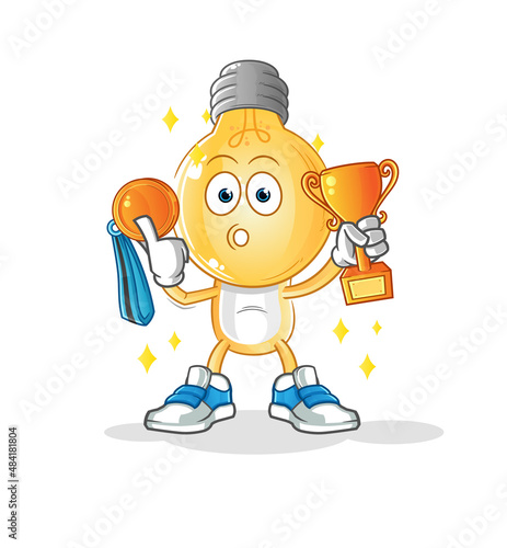 light bulb head cartoon winner with trophie. cartoon character