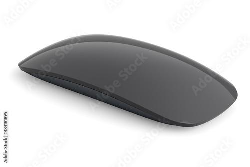 Realistic black wireless computer mouse with touch isolated on white background.