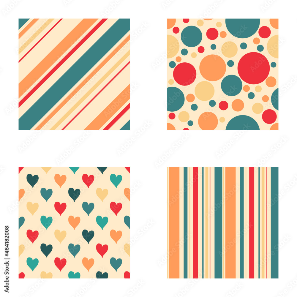 Collection of seamless repeat pattern, cards with shapes in retro colors. Lines, stripes, heart, circle elements. Textures for posters, invitations, montage, scrapbooking, banners or wrapping paper.