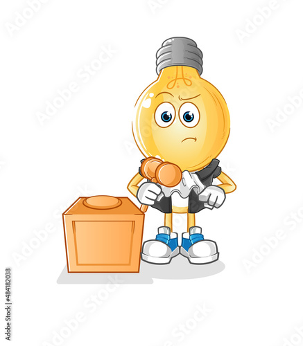 light bulb head cartoon judge holds gavel. character vector