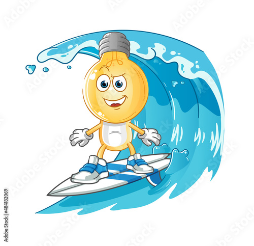 light bulb head cartoon surfing character. cartoon mascot vector