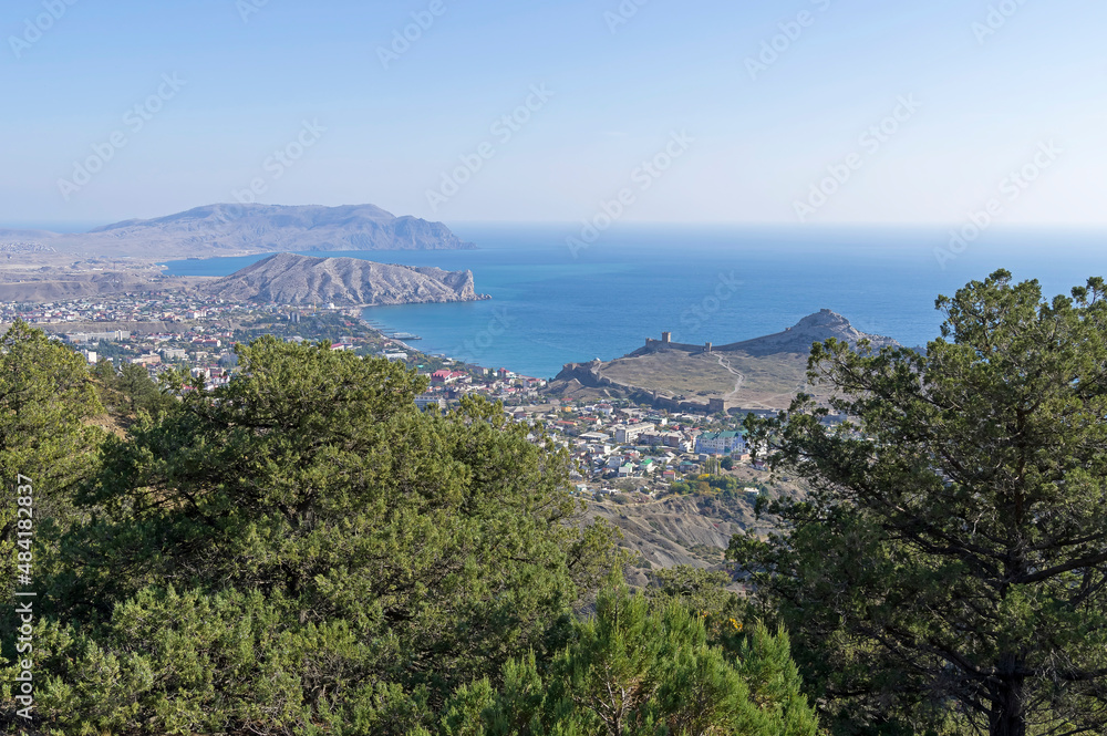 View of the small resort town from the slope of the mountain. Crimea