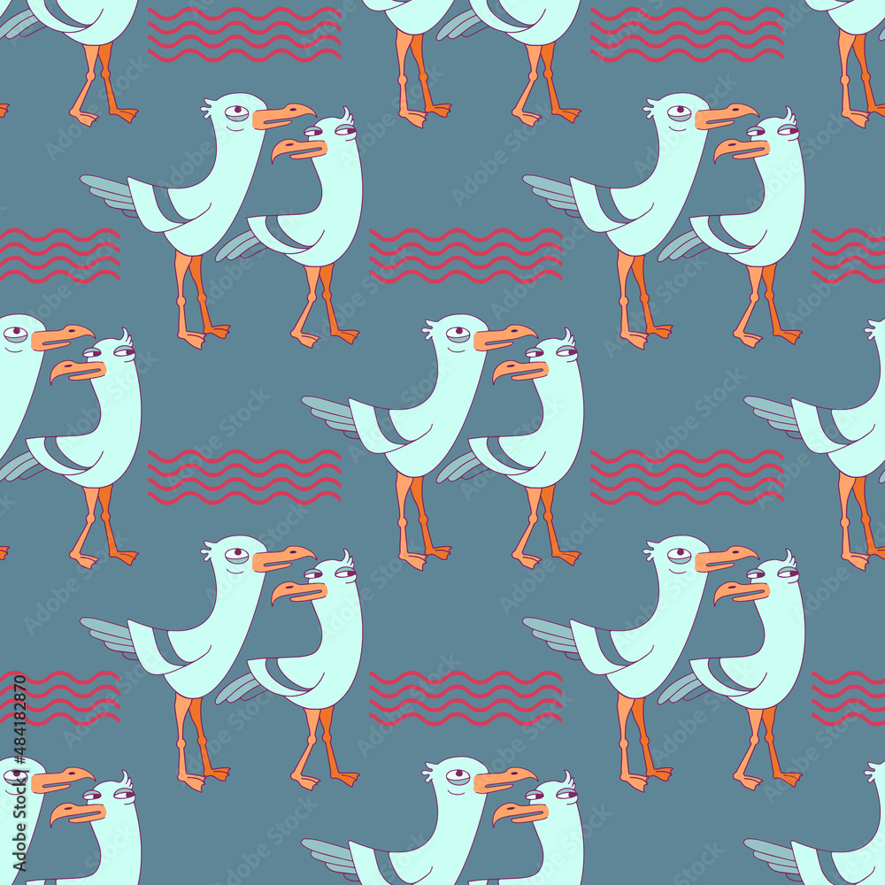 Obraz premium Cute seagull and wave. Seamless pattern with cartoon birds. Vector.