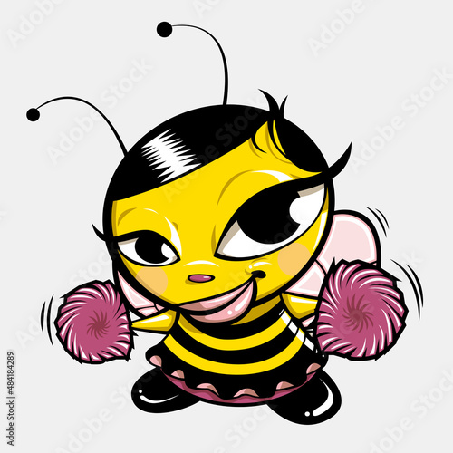 Cheerleader bee shaking the pom pom. Girl bee cheering for her favorite team. Cheerleading illustration concept.