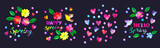 Spring season background with flowers, birds, hearts, teapot, cup, cake, candy, popsicles