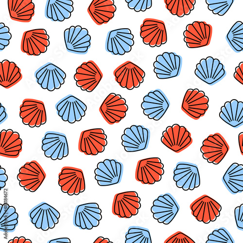 Seamless pattern with red and blue seashells.