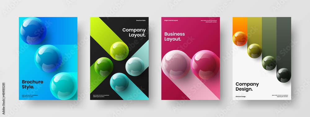 Amazing realistic spheres leaflet concept bundle. Trendy magazine cover vector design template composition.