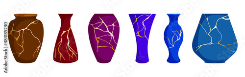 Kintsugi ceramic vases collection. Japanese art of repairing broken pottery gold patterns on ceramic vases. Colored ceramics vase objects, antique pottery cups. Gold kintsugi vector patterns.