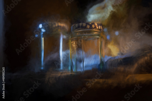 Still life digital painting of two glass jars on a shelf.