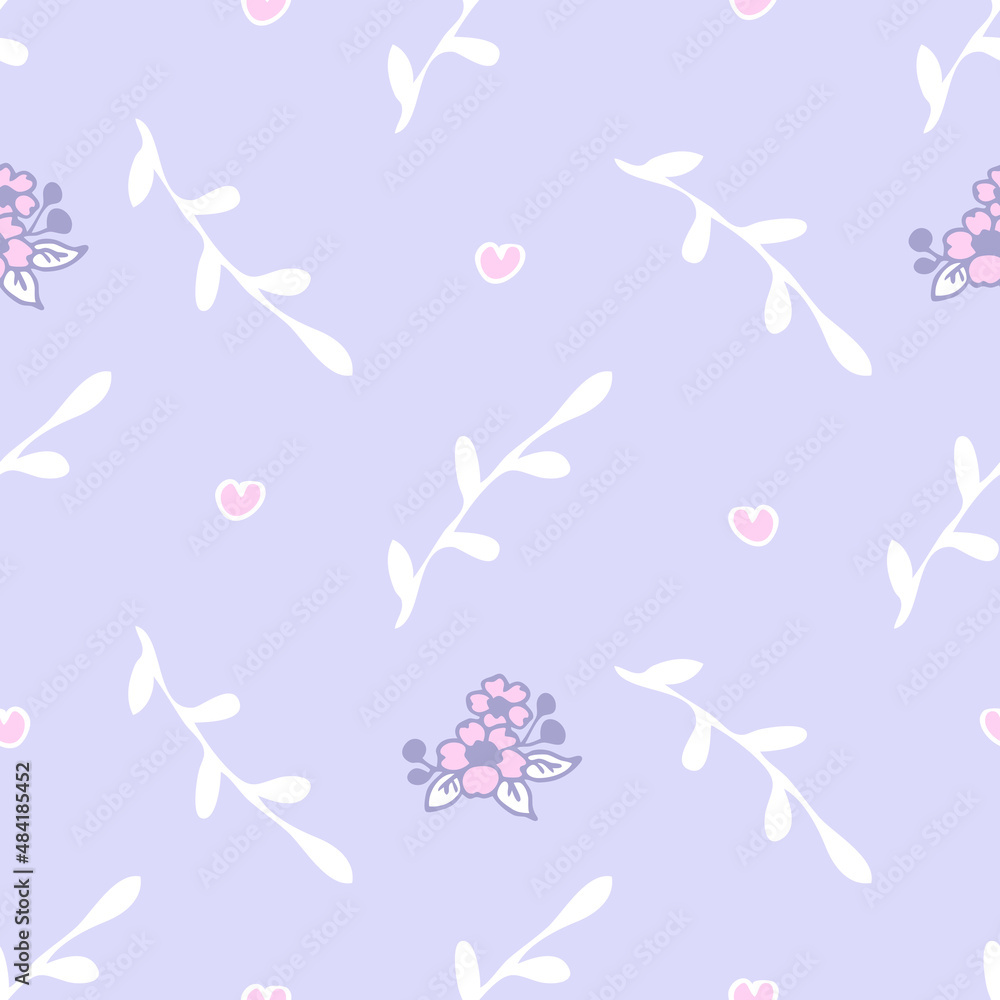 Seamless vector pattern with romantic flowers and leaves on pastel purple background. Simple vintage floral wallpaper design. Decorative love heart fashion textile.