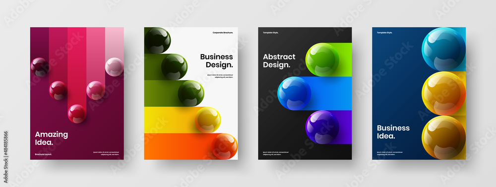 Bright 3D spheres flyer template composition. Clean catalog cover A4 vector design illustration bundle.