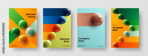 Vivid placard design vector concept set. Geometric 3D balls corporate brochure layout collection.