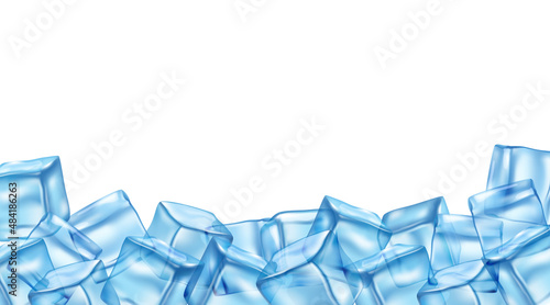 Cool background of transparent ice cubes on white background, template for advertising.