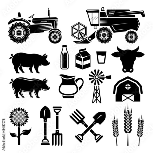 Farming and agriculture, tractor and combine big set of back vector objects or design elements isolated on white background