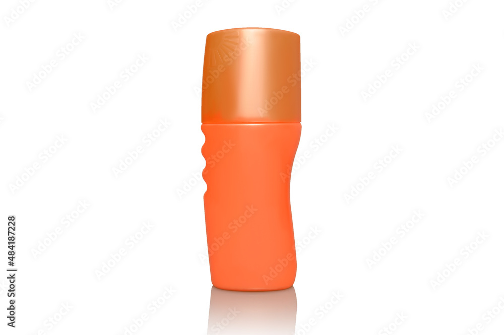 Orange plastic container. On white background. Close-up. Orange plastic container. On white background. Close-up.