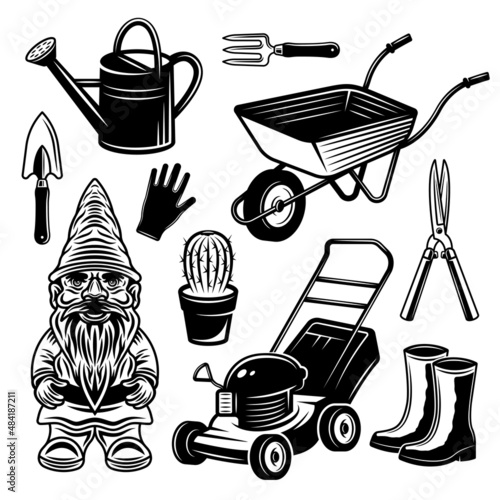 Gardening, landscaping and garden gnome set of vector objects or design elements in vintage monochrome style isolated on white background