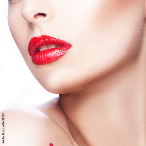 close up portrait of beautiful model girl with bright make-up  perfect skin