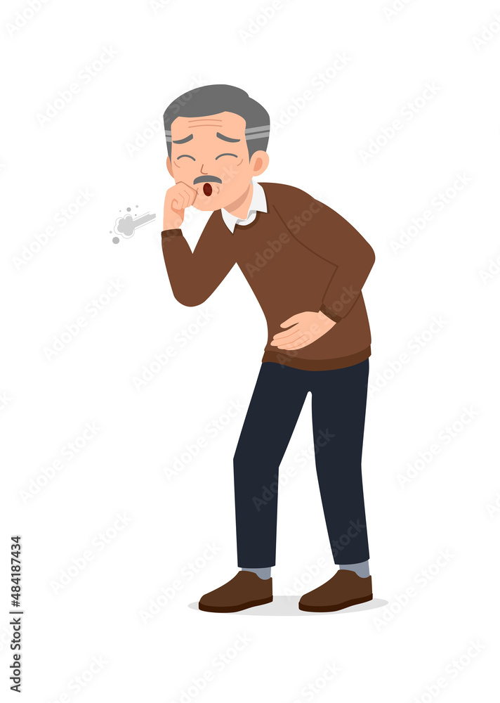 sad old man feel hurt on the chest and cough