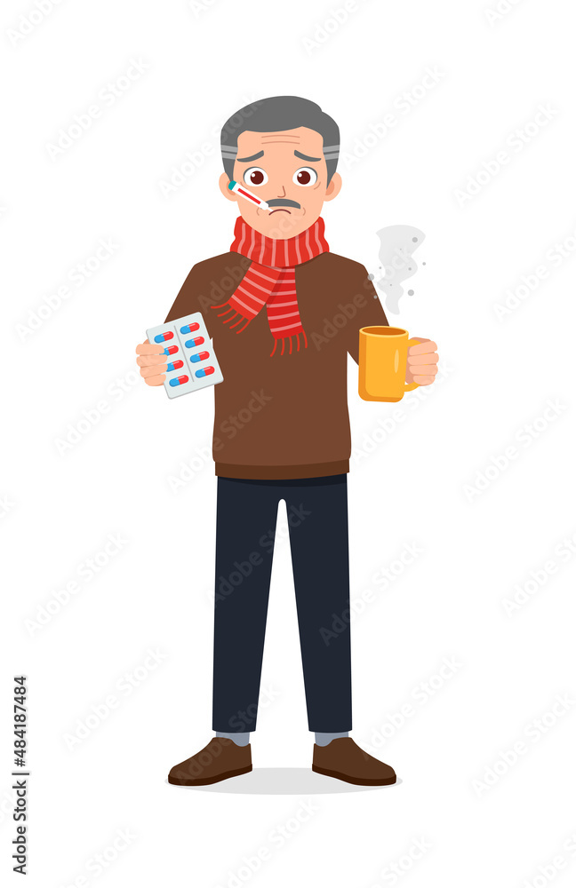 sad old man get flu and taking pills sad old man get flu and taking pills