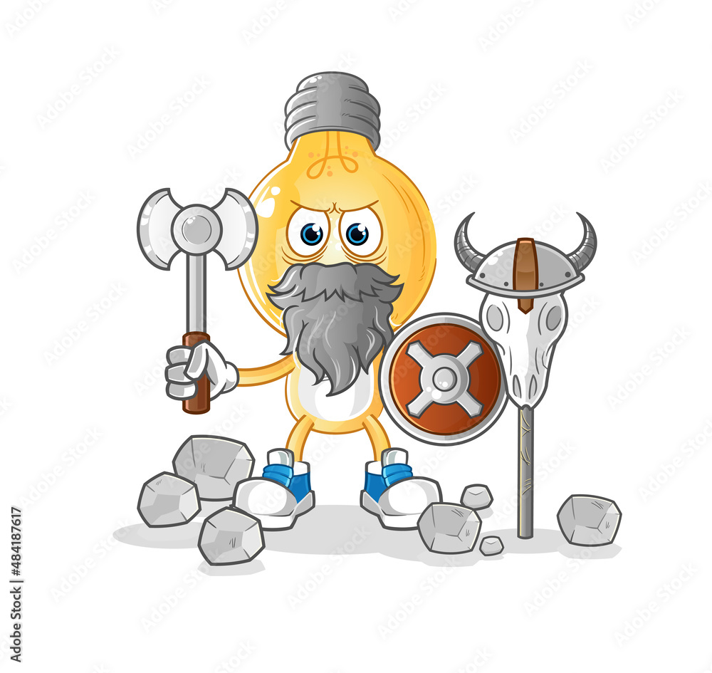 light bulb head cartoon viking with an ax illustration. character vector
