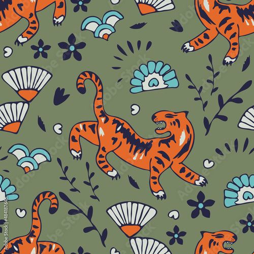 Seamless vector pattern with tiger year on green background. Chines animal tradition wallpaper design. Decorative Asian fashion textile.