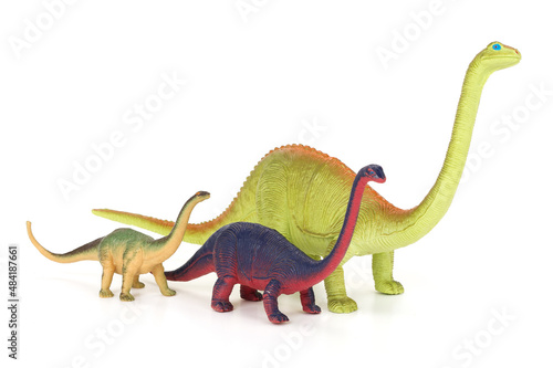 Three toy dinosaurs isolated on completely white background. © rgvc