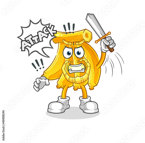 Banana knights attack with sword. cartoon mascot vector