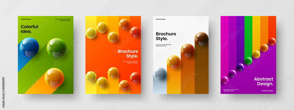 Naklejka premium Amazing realistic spheres magazine cover illustration set. Minimalistic presentation vector design layout composition.