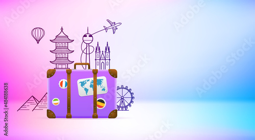 Vintage handbag with world sights silhouettes. 3d vector banner with copy space