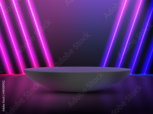 Dark room with purple and blue diagonal neon and podium. 3d vector showcase with copy space