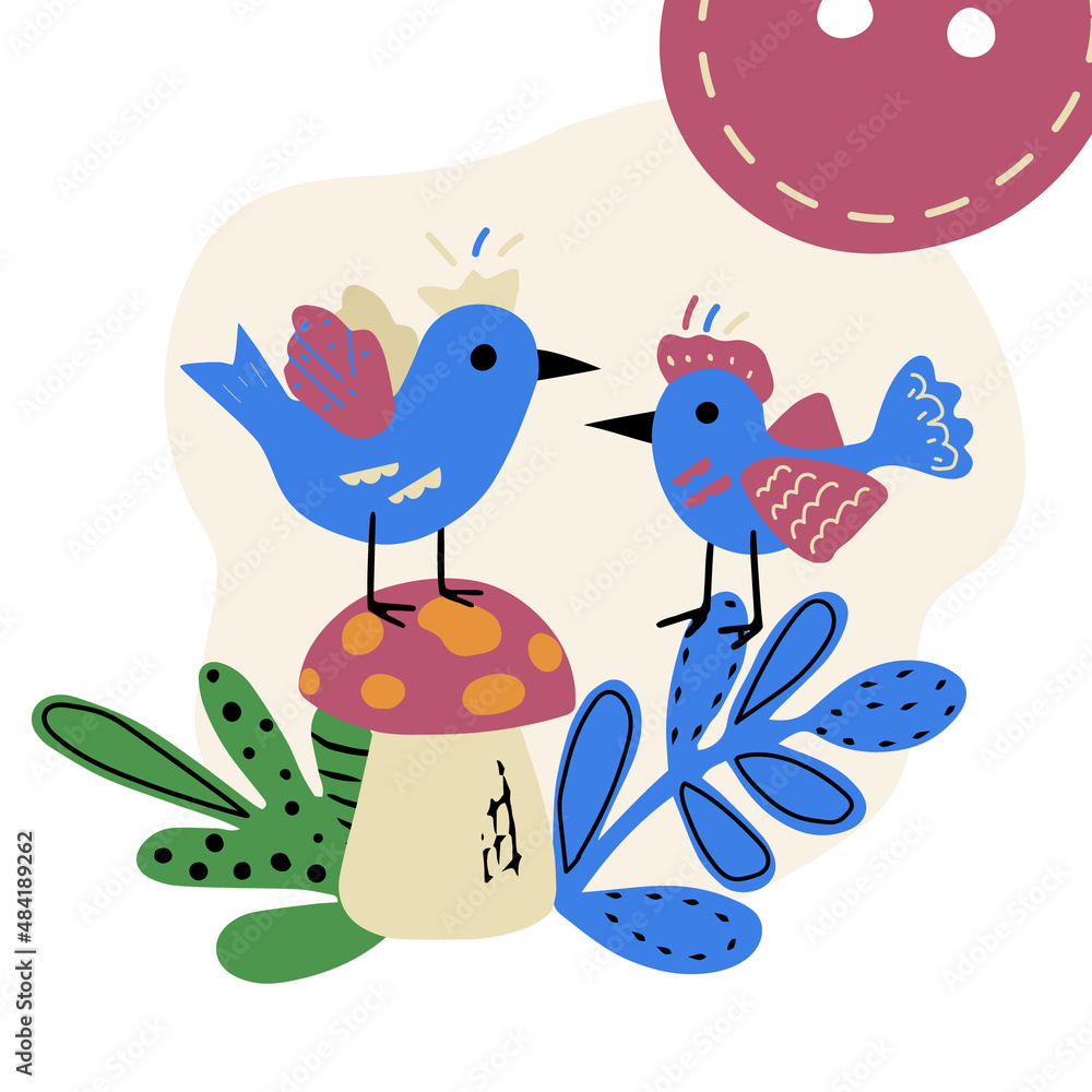 Postcard with a funny bird in the style of a child's drawing. Vector flat illustration