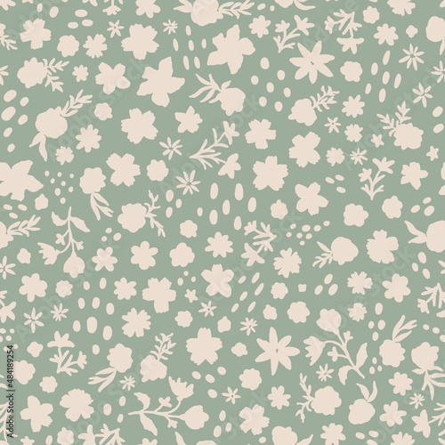 Vector botanical illustrations random placed seamless repeat pattern. Silhouette flowers with leaves and dots all over print on sage green background.