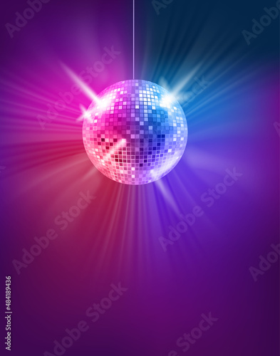 Dark room with glowing colorful disco ball. Vector 3d banner with copy space photo