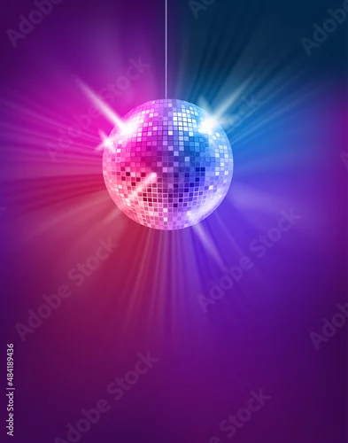 Obraz Dark room with glowing colorful disco ball. Vector 3d banner with copy space