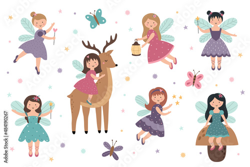A set of cute little fairies. Magical fairy-tale characters. Girls with wings and magic wands. Vector illustration