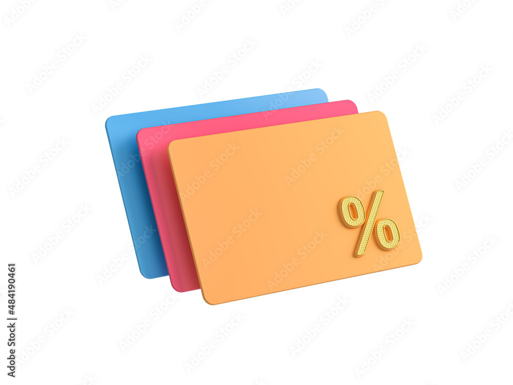 Set of empty multi-colored discount card on a white isolated background. 3d render illustration Set of empty multi-colored discount card on a white isolated background. 3d render illustration