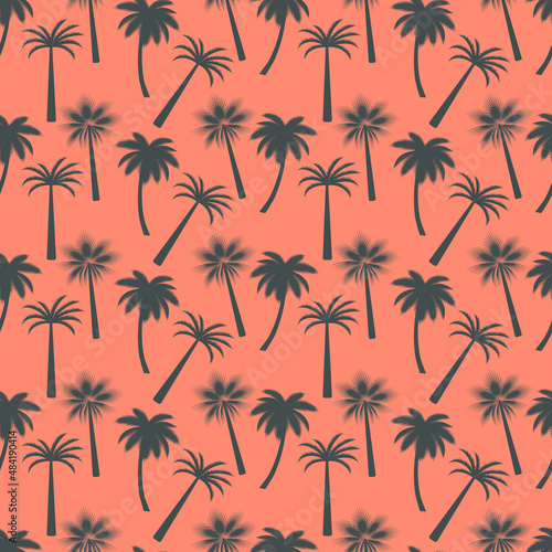 Palm tree on an orange background. Seamless vector pattern for design, packaging, fabric, wallpaper.
