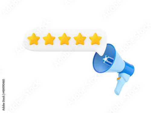 Megaphone and speech bubble with five gold star rating. Customer review. Feedback concept. Online feedback reputation quality customer review, business concept for apps and websites. 3d illustration