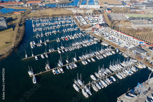 Photography Copenhagen, Denmark - March 08, 2021: Aerial drone view of Lynetten sailboat Har