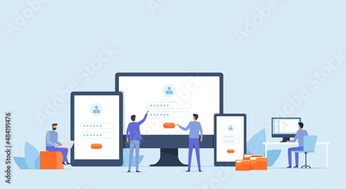 Business developer team working on device monitor concept. Flat vector illustration cartoon design