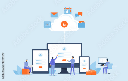 business Flat vector design technology cloud computing service concept with developer team working concept