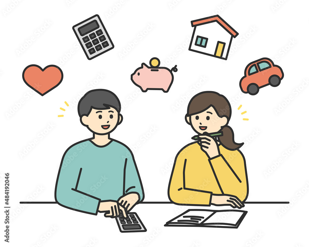 若い男性と女性が将来のお金について考えているイラスト素材 Stock ベクター Adobe Stock