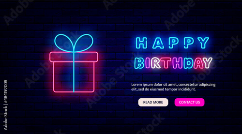 Happy Birthday neon promotion. Pink gift box with bow. Website template. Night bright flyer. Vector stock illustration