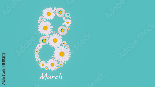 Happy Women's Day. Banner, flyer, beautiful postcard for March 8. Flowers in the shape of the number eight on a pink background. photo