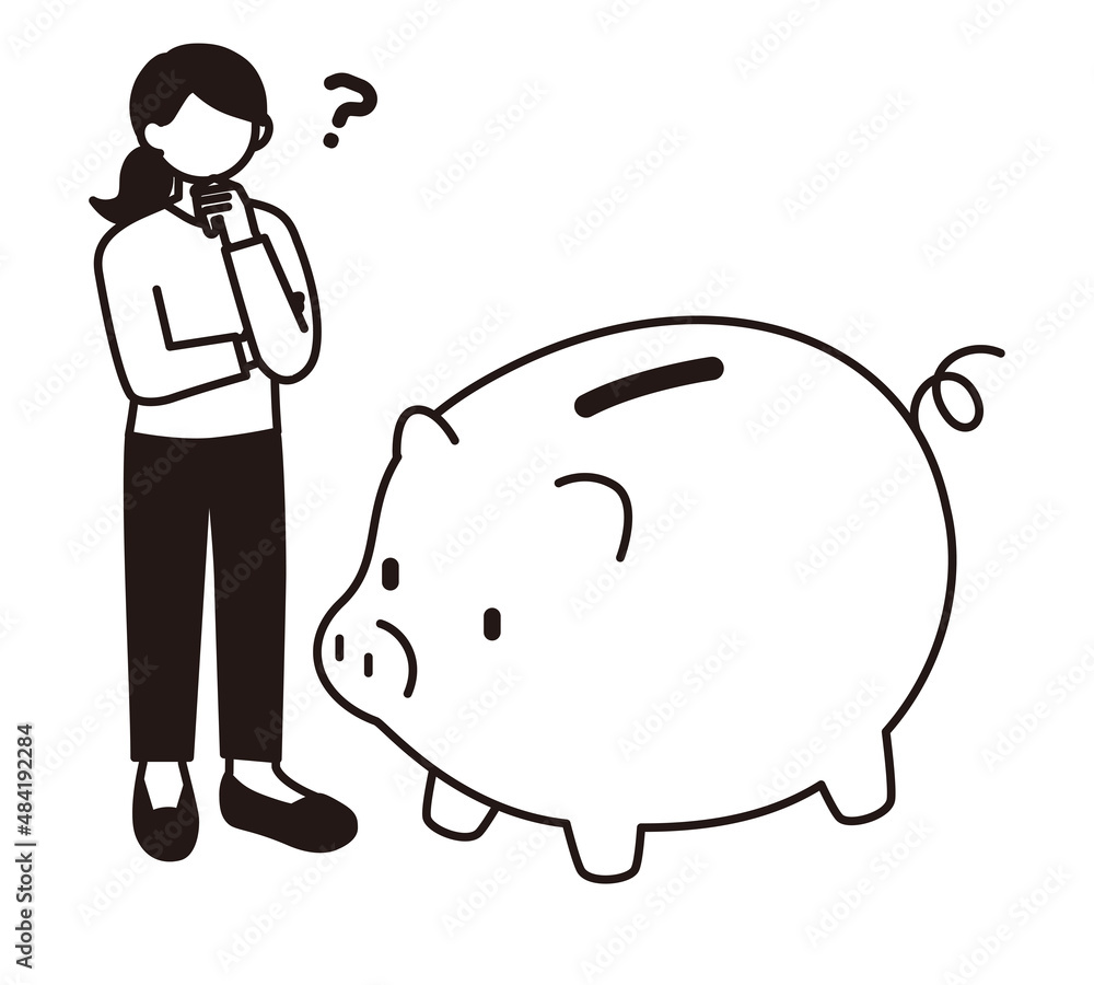 若い女性が豚の貯金箱を眺めているイラスト素材 若い女性が豚の貯金箱を眺めているイラスト素材