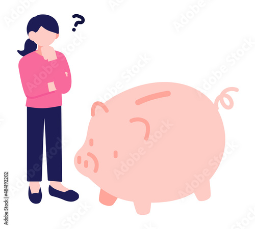 若い女性が豚の貯金箱を眺めているイラスト素材